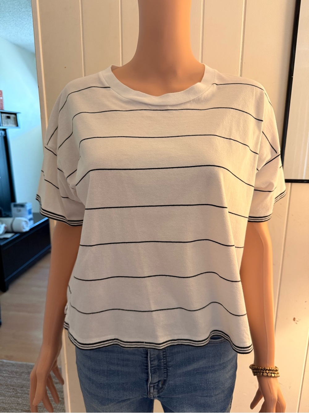 Madewell White Tee with Black Thin Stripes